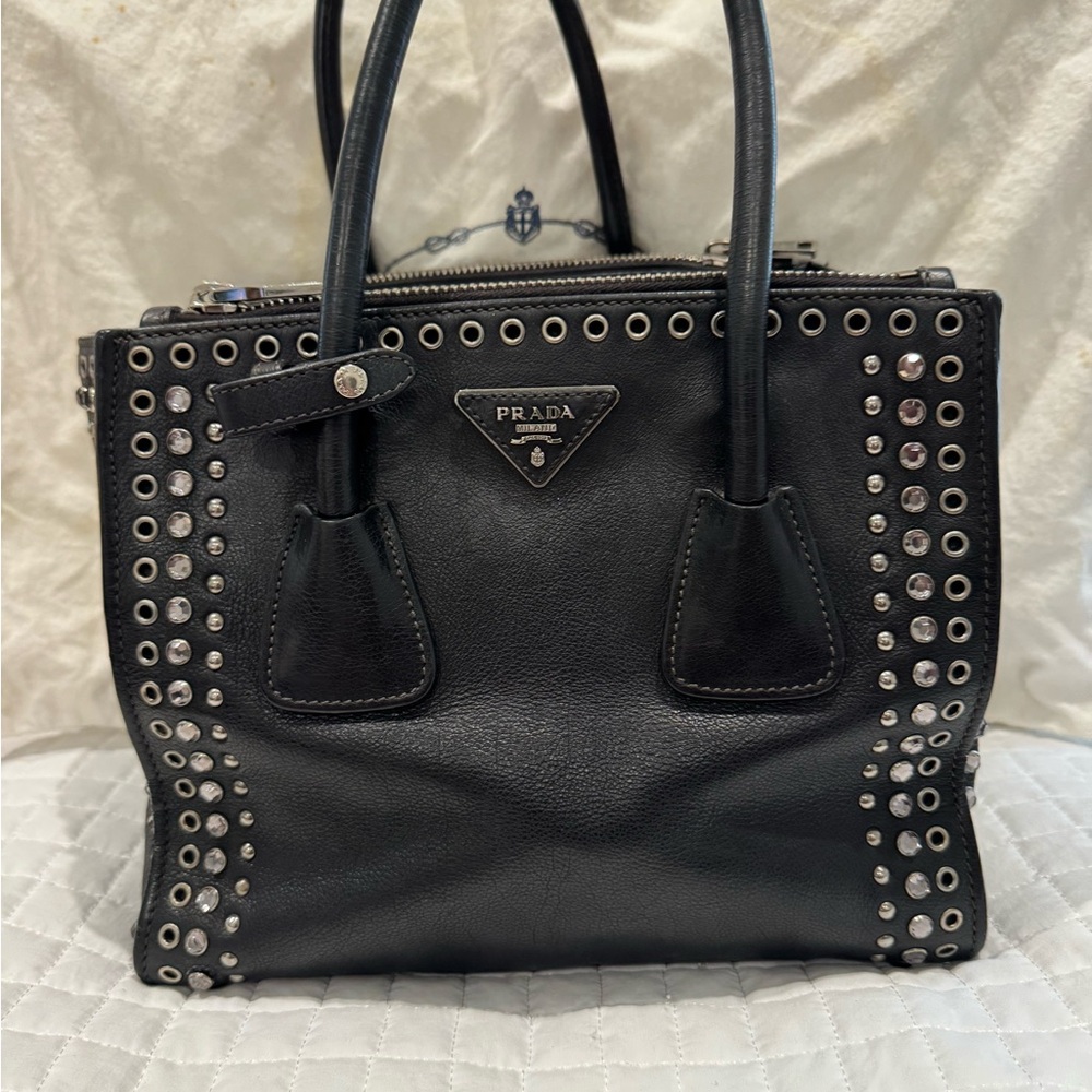 Prada Canapa tote with Silver Studs. Black Prada leather